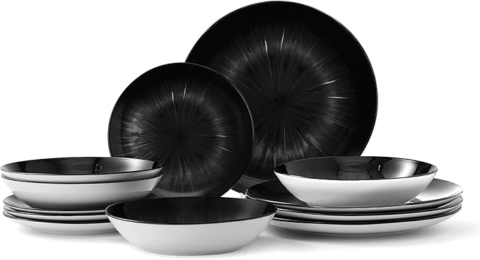 Bestone 12-Piece Round Porcelain Dinnerware Set, Service for 4, Chip Resistant Plates and Bowls, Starburst Turquoise Black, Dishwasher & Microwave Safe for Home Daily Use