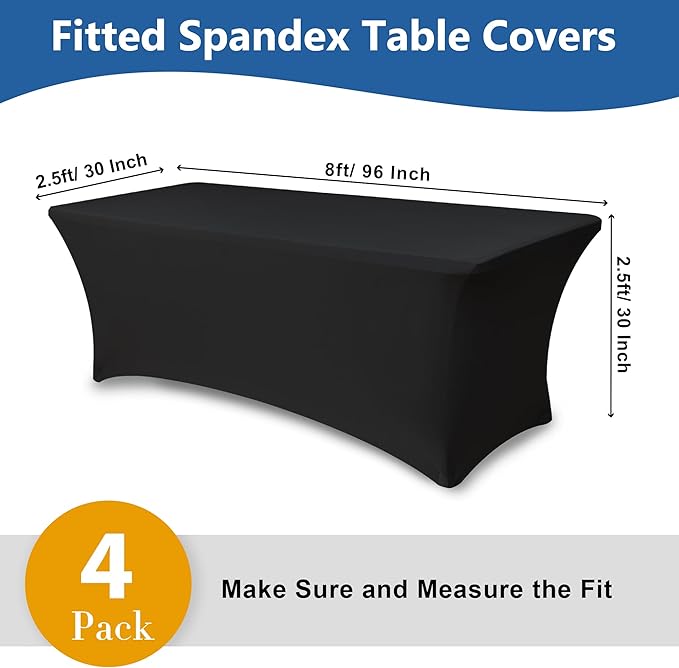 Spandex Table Cloths for 8 Foot Rectangle Tables-4 Pack Fitted Stretch Black Table Covers-Elastic Folding Tablecloths for Party, Vendor Booth Display, Banquet Buffet Event, Craft Trade Show