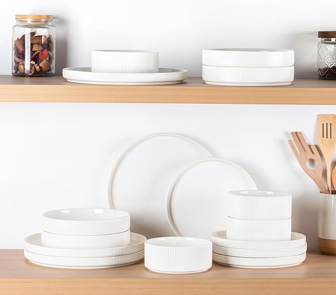 TheTerra Ceramic Dinnerware Sets for 4, 12 Pieces Porcelain Lightweight Plates and Bowls Sets, Scratch Resistant Dish Set, Oven & Microwave & Dishwasher Safe, Bright White