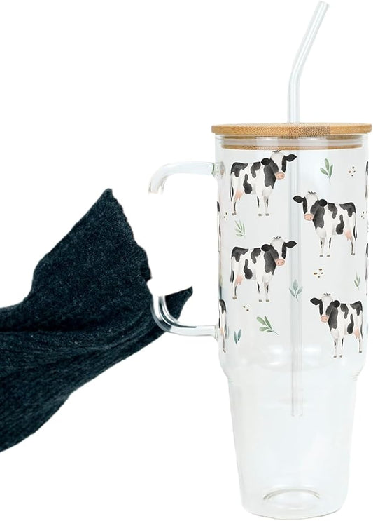 Sip Sip Hooray Pasture Perfect Cow 40oz Glass Tumbler with Lid and Straw, Cow Lover Coffee Cup, Large Farmhouse Drinkware, Cow Mom Gifts, Cute Gift for Farmers, Cow Kitchen Decor