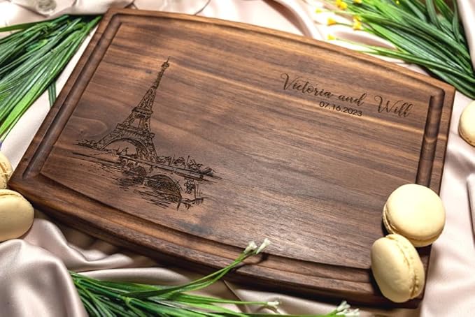 Personalized Cutting Board, Custom Wedding, Anniversary or Housewarming Gift Idea, Wood Engraved Charcuterie, for Friends and Couples, Paris Eiffel Tower Design 047