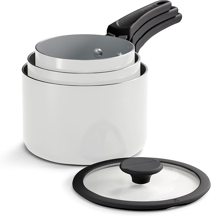 Tramontina Ceramic Non Stick 6-Piece Nesting Sauce Pan Set with Lids - Stackable Nonstick Cookware Set, Dishwasher and Oven Safe, White