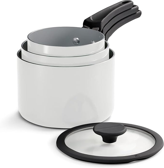 Tramontina Ceramic Non Stick 6-Piece Nesting Sauce Pan Set with Lids - Stackable Nonstick Cookware Set, Dishwasher and Oven Safe, White