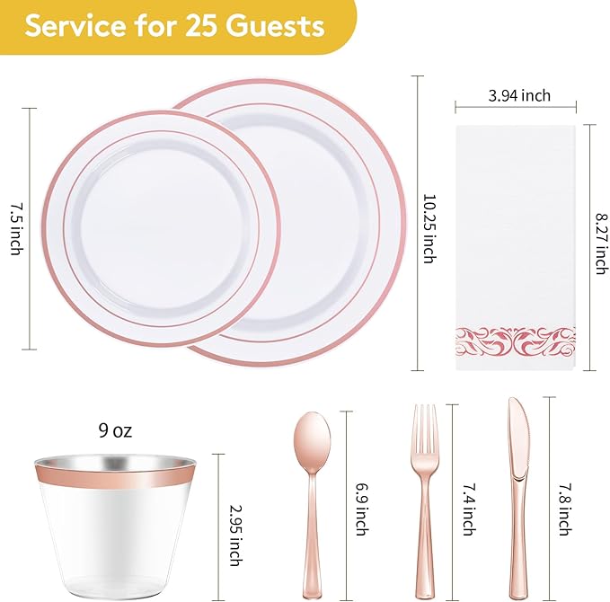Goodluck 175 Piece Rose Gold Dinnerware Set for 25 Guests, Plastic Plates Disposable for Party, Include: 25 Dinner Plates, 25 Dessert Plates, 25 Paper Napkins, 25 Cups, 25 Silverware Set