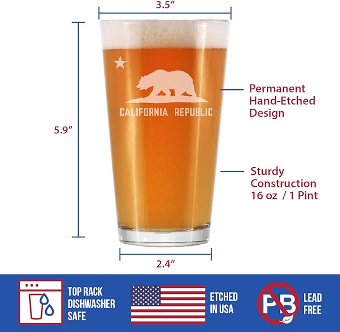 Bevvee California Flag Pint Glass for Beer - State Themed Drinking Decor and Gifts for Californian Women & Men - 16 Oz Glasses