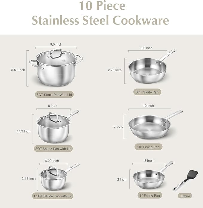 KOCH SYSTEME CS Stainless Steel Pots and Pans Set, 10 Piece Stainless Steel Cookware Set for Professional Cooking, Kitchen Cookware Sets, Induction Compatible Cookware Set 10 Pcs, Pots and Pans