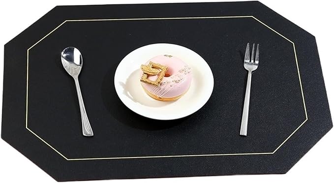 Placemat for Dining Table Waterproof Non-Slip Octagonal Leather Place Mat Kitchen Accessories Coaster Cup Pad Two Sided Color(Black)