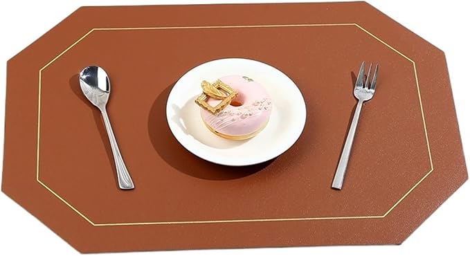 Placemat for Dining Table Waterproof Non-Slip Octagonal Leather Place Mat Kitchen Accessories Coaster Cup Pad Two Sided Color(Brown)