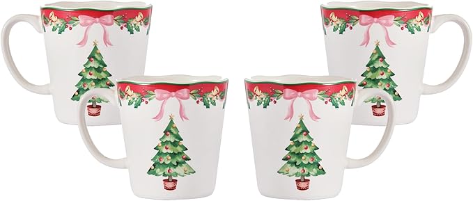 Bico Ribbon Christmas Scalloped Ceramic Mug Set of 4, Christmas Coffee Mugs, 15oz Holiday Cups for Tea, Cocoa, or Hot Drinks, Microwave & Dishwasher Safe