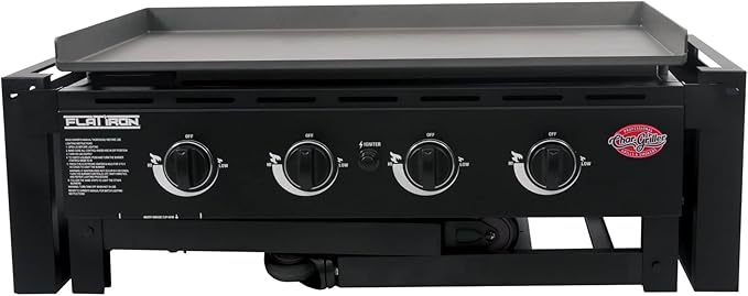 Char-Griller® Flat Iron 4-Burner Propane Gas Flat-Top Griddle with Steel Griddle Top, Wind Guards and Instant-Ignition, 775 Cooking Square Inches in Black, Model E8936