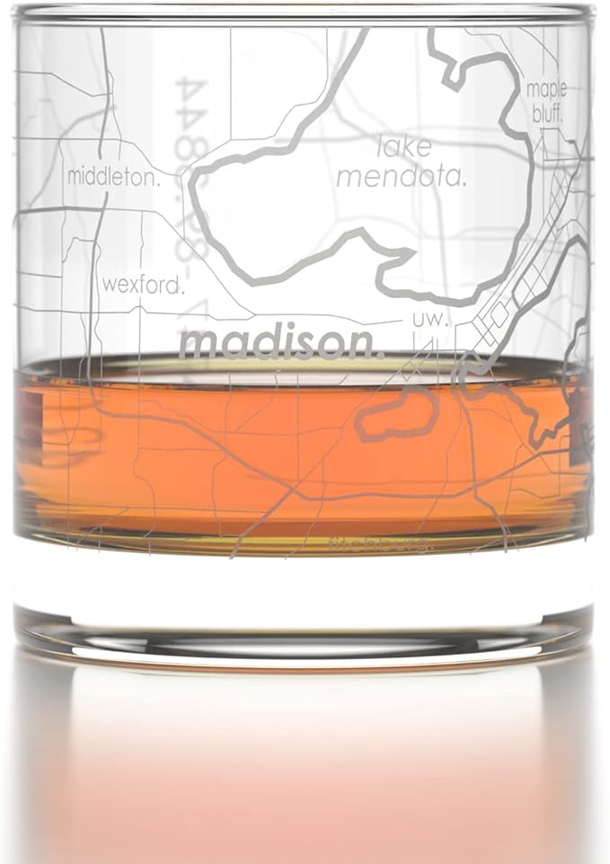 Well Told Engraved Madison Wisconsin Map Rocks Glass, Old Fashioned Whiskey Glass (11 oz, Clear) Etched Whiskey Glass, Gifts For Whiskey Lovers