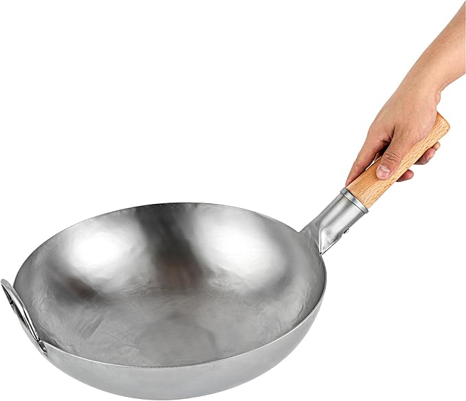 Motomori 14 Inch Hand-Hammered Carbon Steel Wok, 10 Traditional Japanese Wok - Flat Bottom, Wooden Handle, Black Carbon Steel Traditional Stir Fry Pan, With Helper Handle - Restaurantware