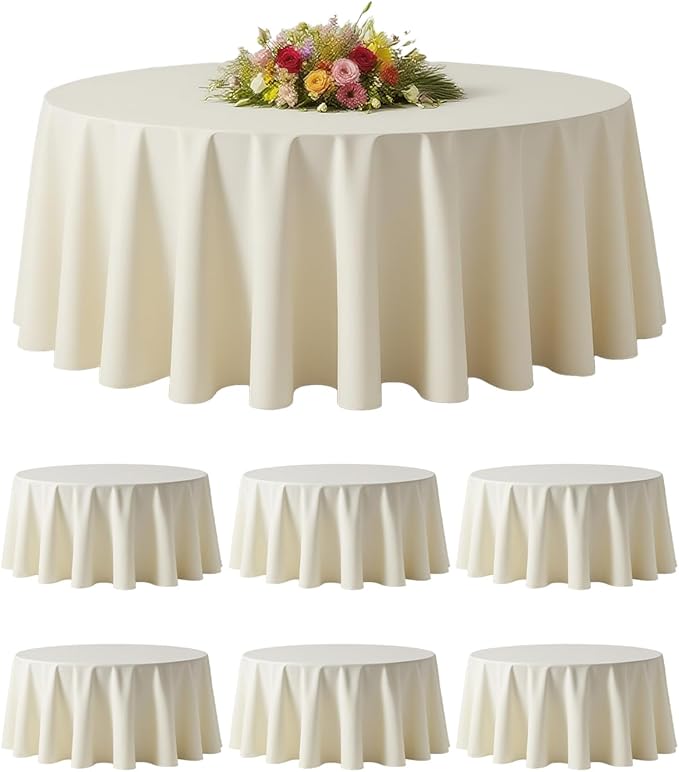 BESTVIP 6 Pack 60" Ivory Ivory Round Decorative Tablecloths - Polyester Fabric Washable Table Cloth Cover for Wedding, Reception, Banquet, Birthday Party, Buffet, Restaurant
