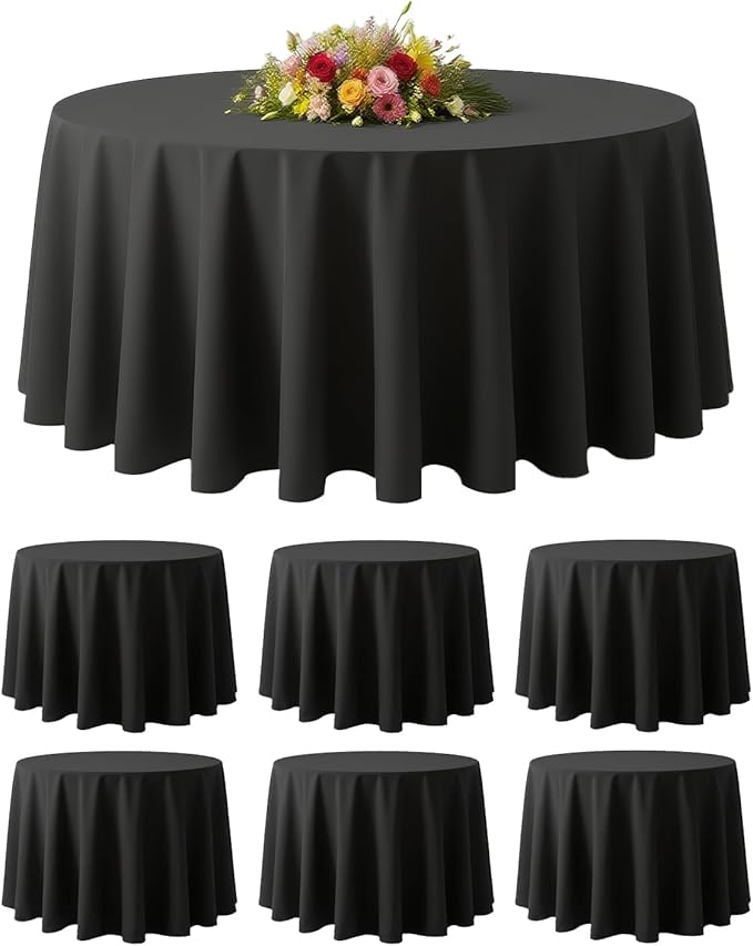 BESTVIP 6 Pack 90 Inch Round Polyester Tablecloths - Fabric Washable Decorative Table Cover for Parties, Weddings, Holiday, Events, Restaurant (Black)