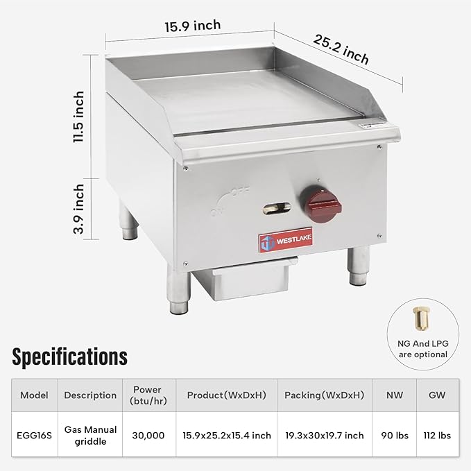WESTLAKE 16"W Commercial Gas Griddle Countertop Natural Gas and Propane Griddle with Single Burners 30,000 BTU, Stainless Steel Plate Grill for Restaurants