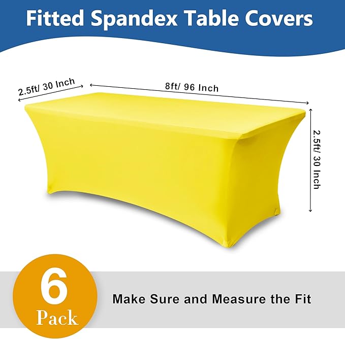 Spandex Table Cloths for 8 Foot Rectangle Tables-6 Pack Fitted Stretch Yellow Table Covers-Elastic Folding Tablecloths for Party, Vendor Booth Display, Banquet Buffet Event, Craft Trade Show