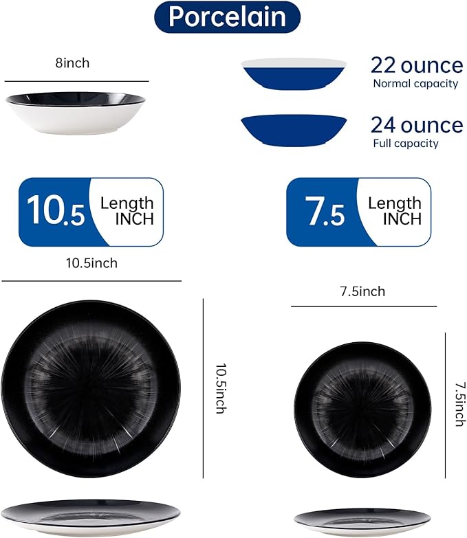 Bestone 12-Piece Round Porcelain Dinnerware Set, Service for 4, Chip Resistant Plates and Bowls, Starburst Turquoise Black, Dishwasher & Microwave Safe for Home Daily Use