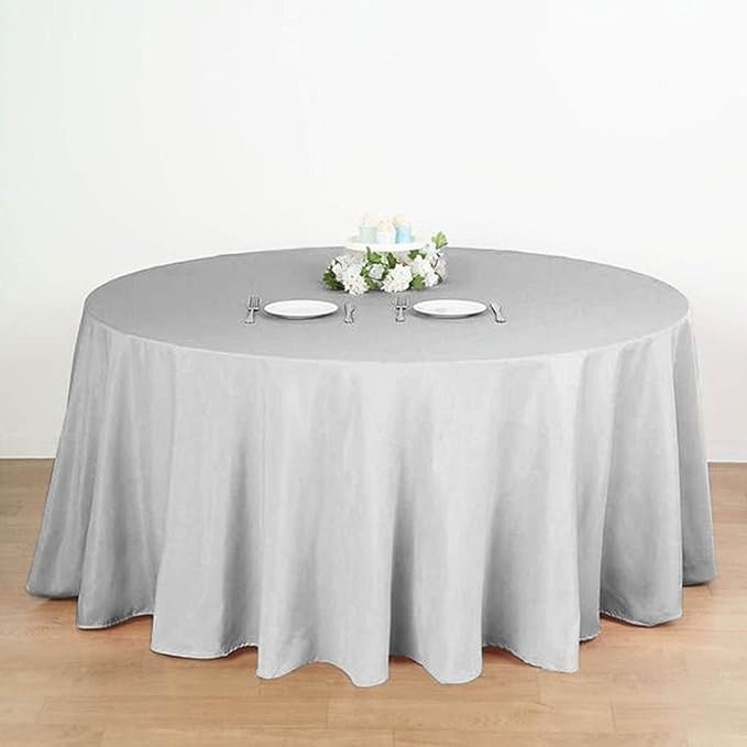 Efavormart Round Tablecloth, 132 Inch Stain & Wrinkle Resistant Washable Table Cloth, Decorative Polyester Fabric Table Cover for Banquet, Wedding, Dining- Silver