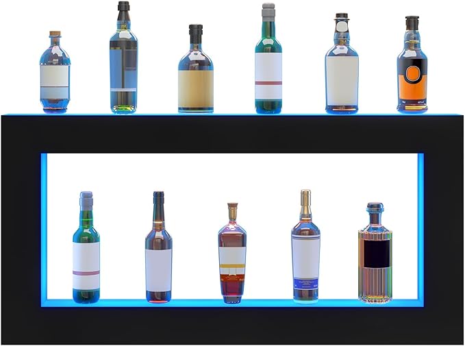 VEVOR LED Lighted Liquor Bottle Display Shelf, Square 48 Inches, Supports USB,Illuminated Home Bar Shelf w/RF Remote & App Control 7 Static Colors 1-4 H Timing, Acrylic Wall-Mounted Shelf