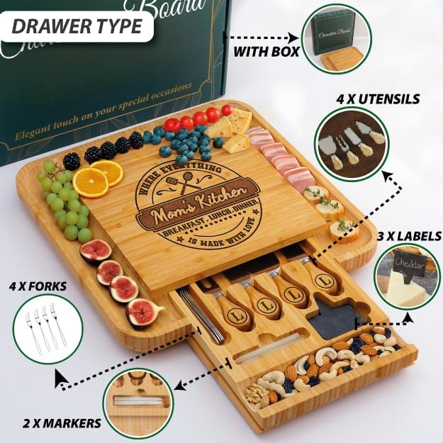 Personalized Charcuterie Board Gifts for Mom – Custom Large Cheese Board with Knife & Utensil Set for Mothers Day Wedding, Anniversary, Birthday, Housewarming, Engagement, New Home, Christmas 2025