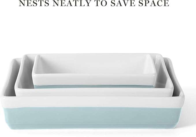 MARTHA STEWART 3-Piece Oven to Table Stoneware Bakeware Set – Baking Dish & Casserole Set – Dusty Blue – Durable Oven-Safe Bakeware for Baking and Serving