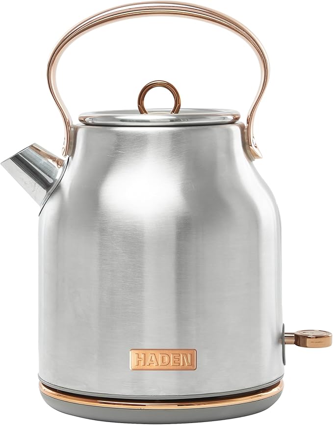 Haden Heritage 1.7 Liter Stainless Steel Electric Kettle, Hot Water Kettle with 360-Degree Base and Auto Shutoff, Steel & Copper