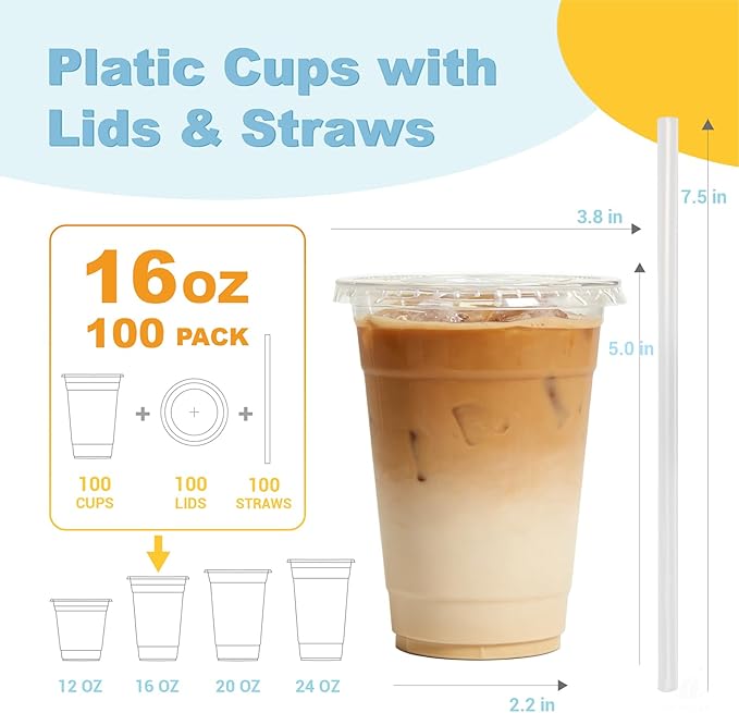 16 oz 100 Pack Disposable Clear Plastic Cups with Lids and Straws, Food Safe Bulk Iced Coffee Cups for Smoothies, Milkshakes and Other Cold Drinks