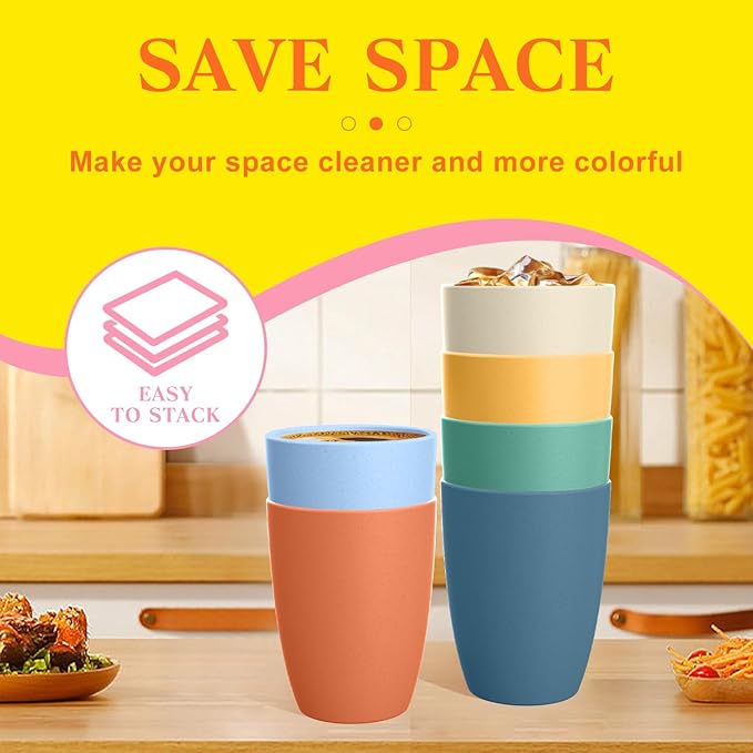 Homienly Water Cups Wheat Straw Drinking Glasses Cups 12oz Unbreakable Cups,Microwave and Dishwasher Safe Cup Set,6 PCS Stackable Cups for Kitchen,Camping-Colorful