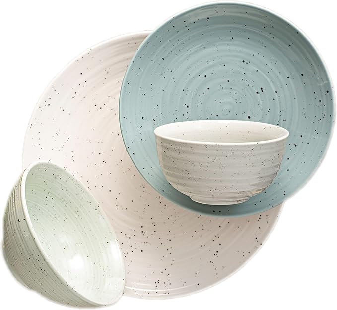 Sango Siterra Artist's Blend 16-Piece Stoneware Dinnerware Set for 4, Green, Cream & White Glossy Dishes with Speckles, Ceramic Plates and Bowls Sets for Everyday Dining, Microwave & Dishwasher Safe