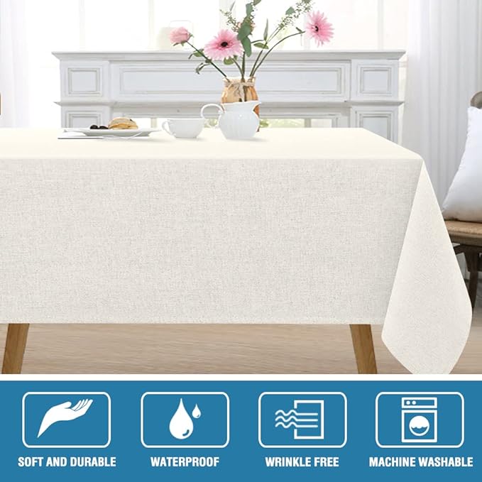 H.VERSAILTEX Linen Textured Tablecloth 54 x 80 Waterproof Decorative Table Cloth Spill-Proof Linen Look Cover for Party Table Extra Soft and Thick Fabric Wrinkle Free, Heather Ivory