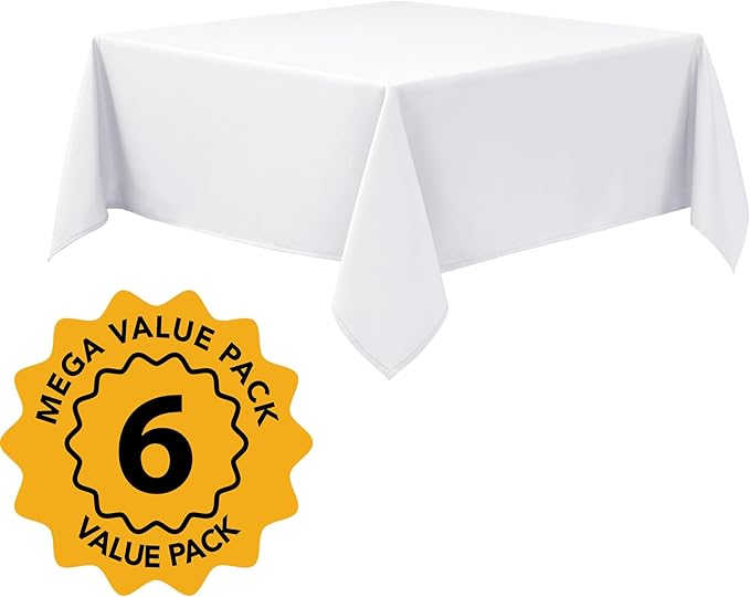 6-Pack White Tablecloths for Square Tables, 70 x 70 Inches, Stain-Resistant Polyester Fabric for 3 Foot Tables - Washable Table Covers for Weddings, Banquets, Birthday Parties, Events