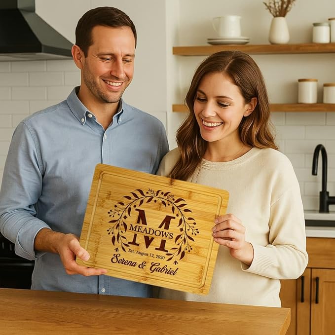 Personalized Wedding Gift Cutting Board for Couples, Custom Engraved Walnut, Cherry or Bamboo Wood Charcuterie Board, Anniversary & Housewarming, Real Estate Closing, Engagement & Bridal Shower Gift