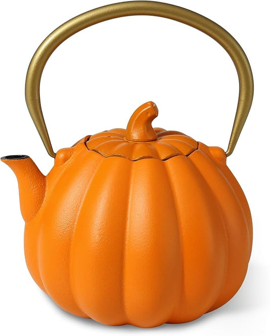 Orange Pumpkin Cast Iron Teapot with Infuser - 40oz Japanese Iron Tea Kettle with Enamel Interior, Cute Halloween Teapot for Loose Tea & Coffee, Stainless Steel Filter, Stove Safe (Orange)