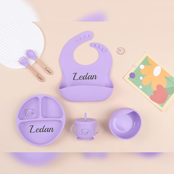 Silicone Feeding Set with Engraved Name for Baby-Led Weaning - Personalized Suction Plate, Bib, Utensils Eco-Friendly, BPA-Free Toddler Essentials - Newborn Shower Gift (6pc set)