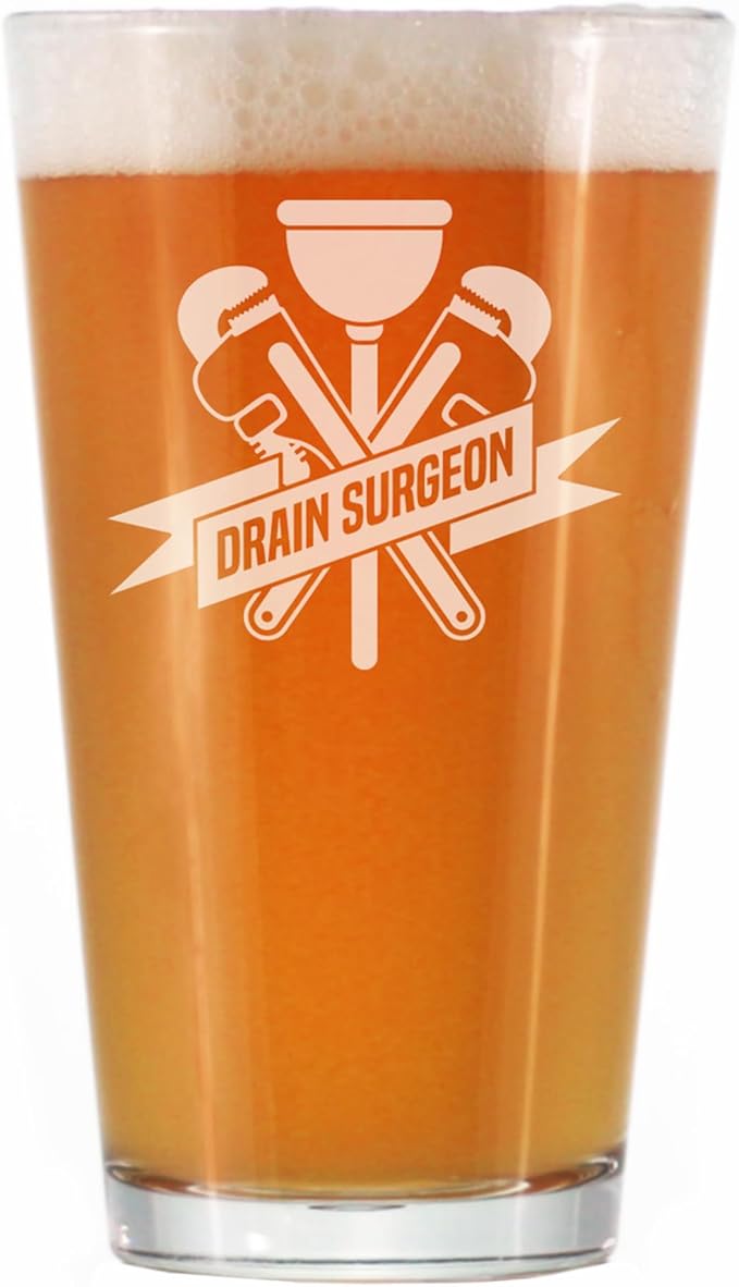 Bevvee Drain Surgeon - Pint Glass for Beer - Funny Plumber Gifts for Men and Women - 16 oz Glasses