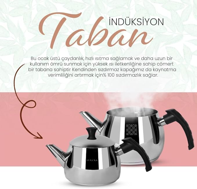 Serenk Modernist Stainless Steel Teapot | 1 L Top, 1.5 L Base, Induction Ready, Mirror Finish, Cool-Touch Handles, Elegant, Durable, Dishwasher Safe