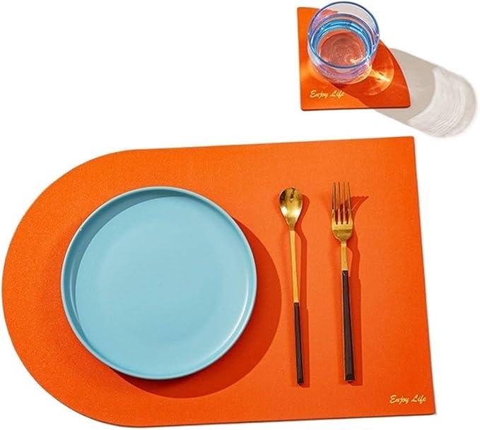 Placemat Table Mat Plate Tableware Pad PU Leather Heat Insulation Non-Slip Bowl Coaster Set for Dinner Kitchen(Orange)