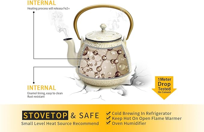 Toptier Cast Iron Tea Kettle, Stovetop Safe Japanese Cast Iron Teapot with Infuser, Leaf Design Tea Kettle for Stove Top Coated with Enameled Interior for 32 Ounce (950 ml), Creamy White