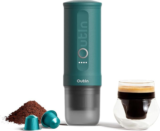 OutIn Nano Portable Electric Espresso Machine, Travel Coffee Maker for Camping, Car Coffee Maker Self-Heating with USB-C, With Ground Coffee & NS Capsule for RV, Hiking, Office