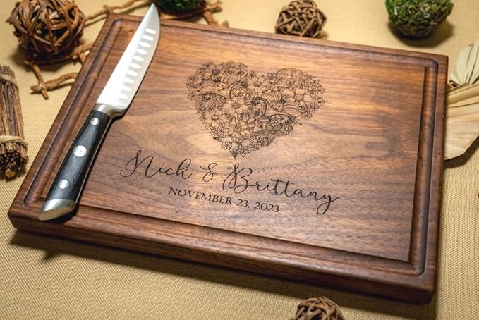 Personalized Cutting Board - Bridal Shower, Newlyweds, Engagement, Anniversary, Housewarming Gifts for Couples - Family Christmas Charcuterie Board (Floral Heart 004)