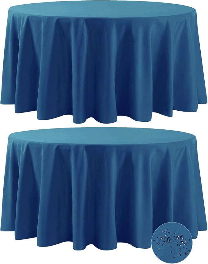 Fokitut 2 Pack Waterproof Round Tablecloth, 132 Inch, Stain Resistant and Wrinkle Polyester Table Cloth, Fabric Table Cover for Kitchen Dining, Wedding, Party, Holiday Dinner-Mediterranean Blue