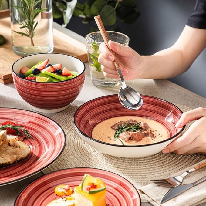 24/48-Piece Handpainted Spirals Stoneware Dinner Combi-Set with Bowl Dessert Plate Soup Plate Dinner Plate(48pcs)