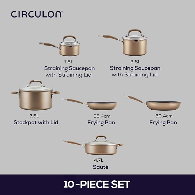 Circulon Premier Professional Hard Anodized Nonstick Cookware Induction Pots and Pans Set, 10 Piece, Bronze