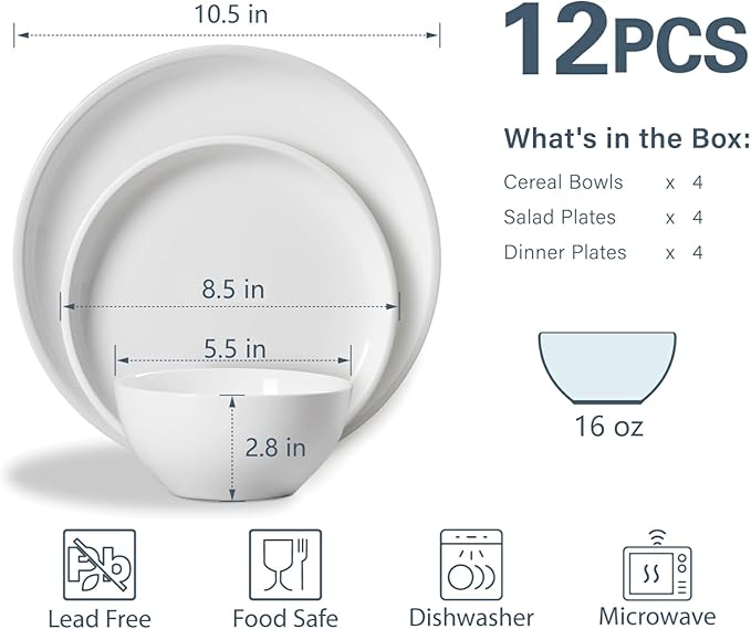 ONEMORE Plates and Bowls Set for 4 - Microwave & Dishwasher Safe Porcelain Dinnerware Set Service for 4 - Ceramic Dishes Set(12 Pcs) - White