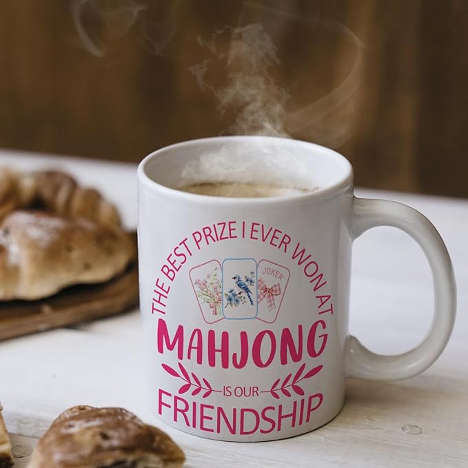 Preppy Pink Mahjong Mug, Gifts for Mahjong Players Mug, Mahjong Gift for Women Men, Mah jong Accessories and Gifts, Ceramic Coffee Tea Mug 11 oz