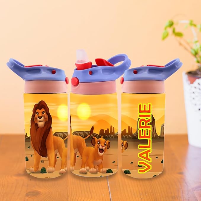 Personalized Movies Kids Water Bottle 12oz Insulated Tumbler with Lid and Custom Name (Lion King)
