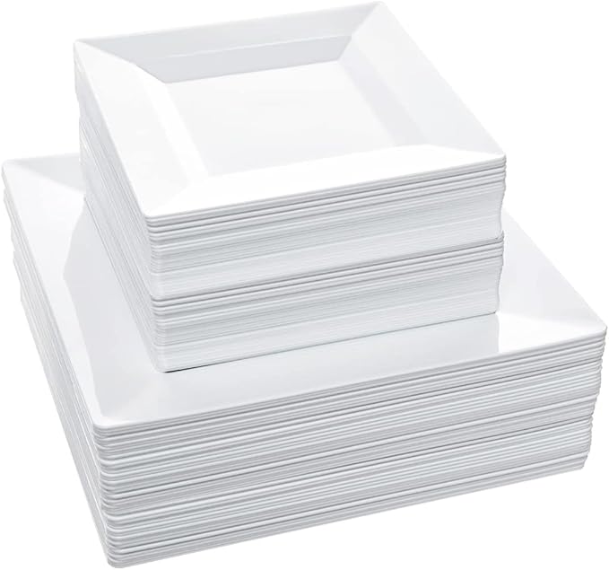 Disposable Square Plastic Plates - 100 Pack - 50 x 9.5 Dinner and 50 x 6.5 Salad Combo Plate - Premium Heavy Duty - Fancy and perfect for a Party, Wedding, or Birthday