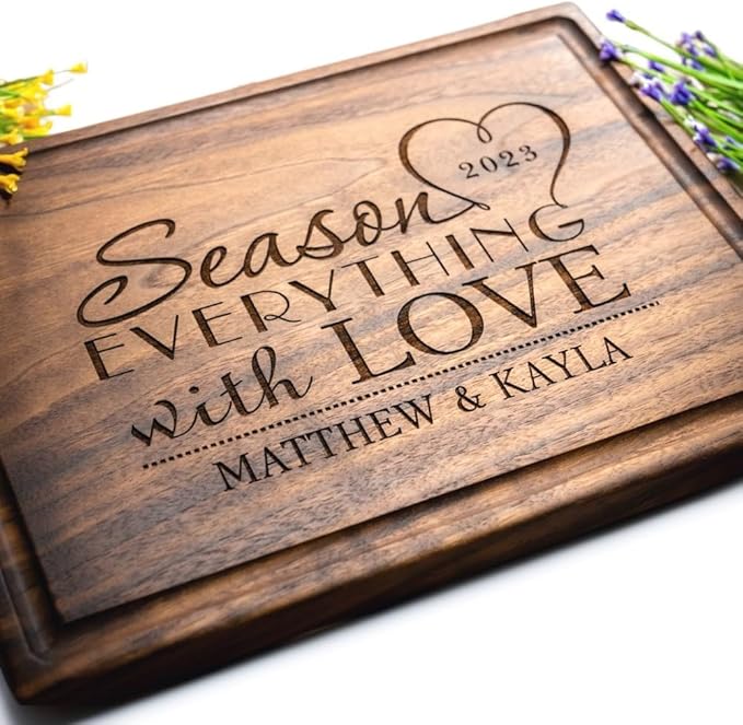 Personalized Cutting Board, Custom Wedding, Anniversary or Housewarming Gift Idea, Wood Engraved Charcuterie, for Couples or Family, Season with Love Design 032