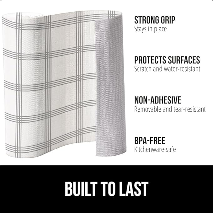 GORILLA GRIP DripGuard Shelf Liner, Non Adhesive Drawer and Kitchen Cabinet Protector, 20x240 Inch, Slip Resistant BPA Free Smooth Surface Plastic Liners for Cabinets, Bathrooms, Closets, Gray White