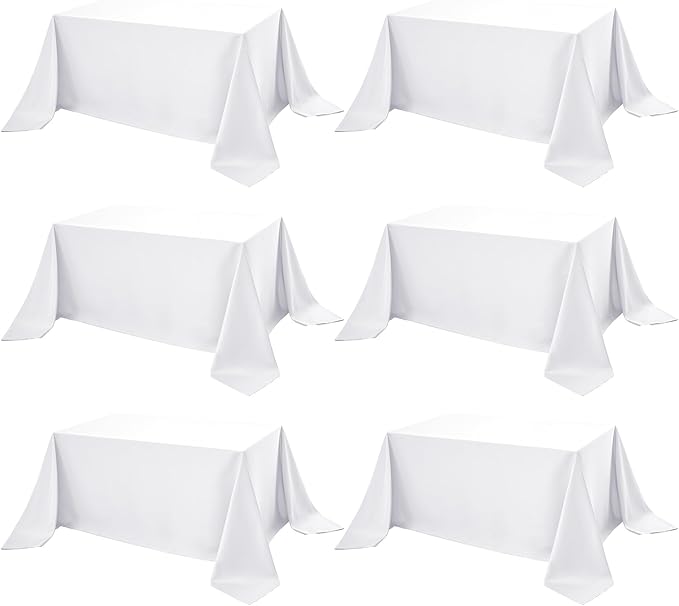 6-Pack White Tablecloths for Rectangle Tables, 90 x 156 Inches, Stain-Resistant Polyester Fabric for 8 Foot Tables - Washable Table Covers for Weddings, Banquets, Birthday Parties, Events